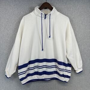 Vintage Dashers Sweatshirt Mens Large White Blue Striped Mock Neck Drawstring